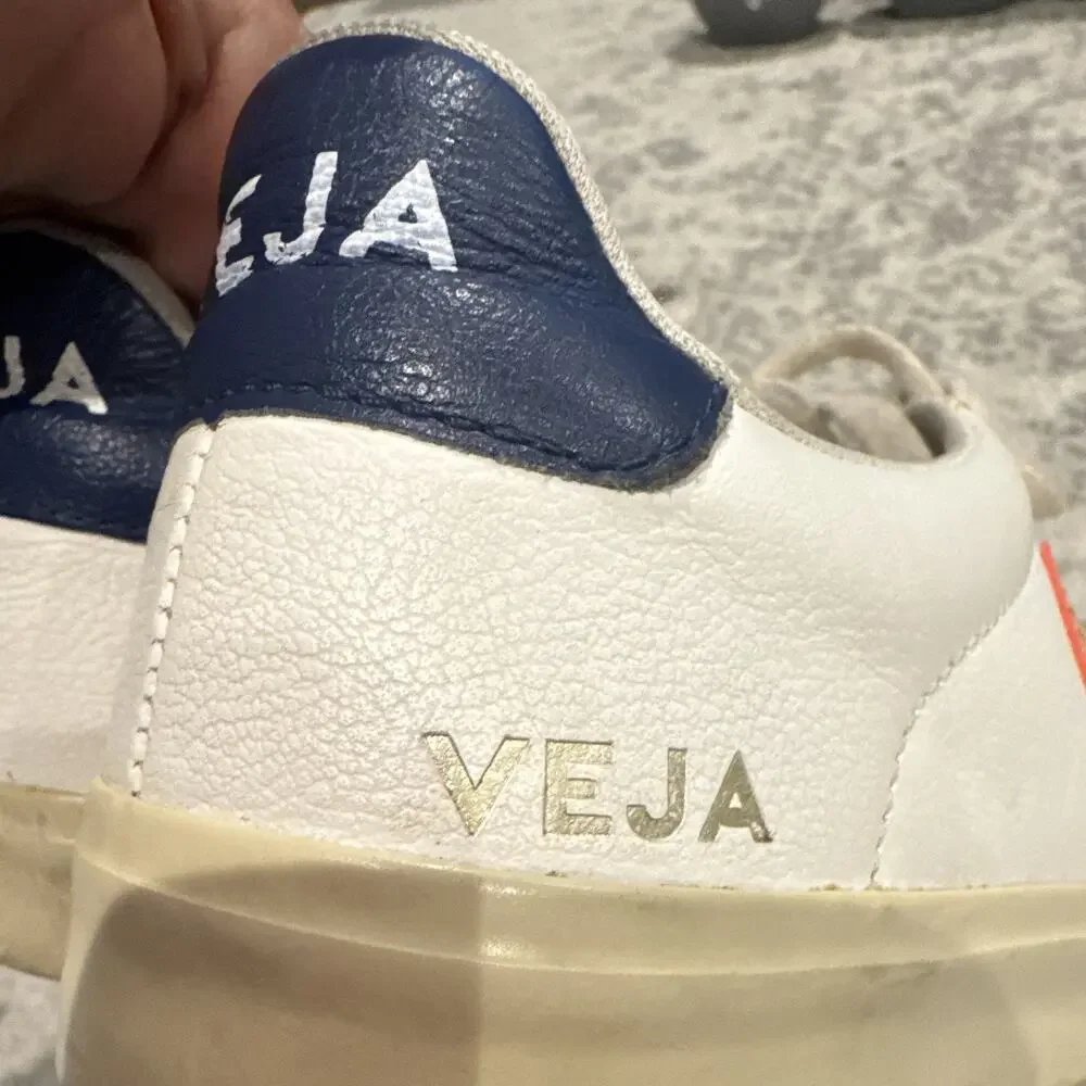 VEJA Leather Low Top Lace Up Sneakers White Orange V Logo Blue Heel Tab Men